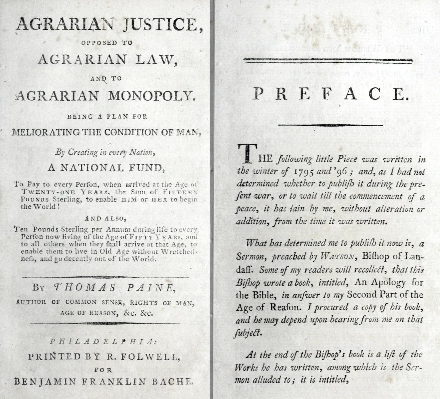 first two pages of Agrarian Justice by Thomas Paine