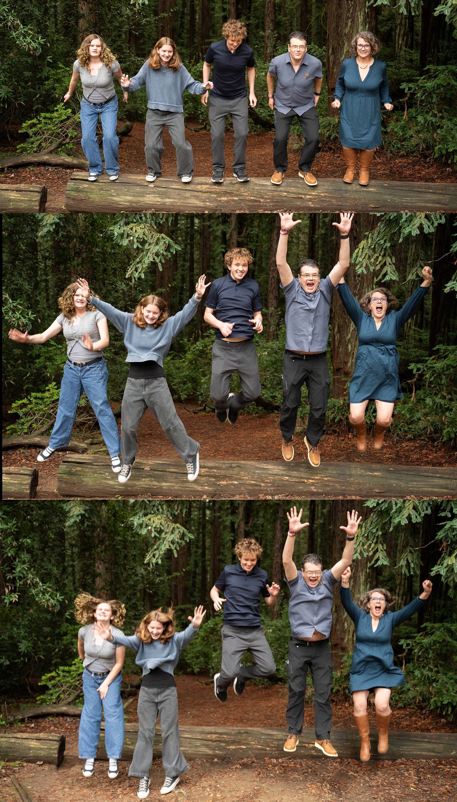 photo of Atwood family jumping from a log, three sequential frames starting from beginning of jump, caught in mid-air