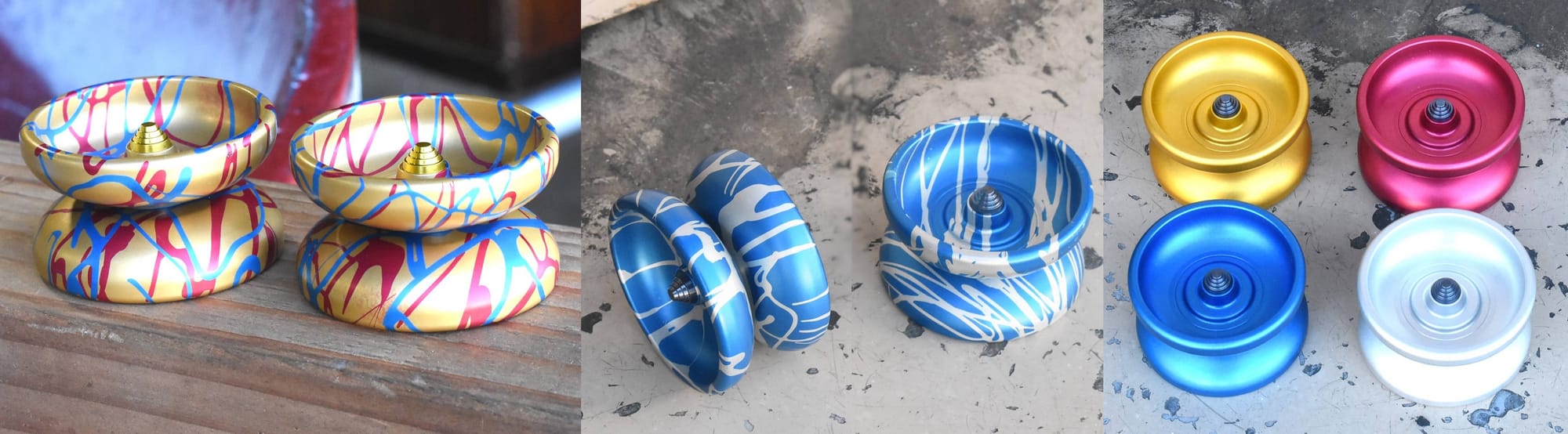 all initial colorways of the OneDrop Deepest State: two splashes, Stay Gold and Spacious Skies, and the four solid colors: Gold, Red, Blue, and Silver.