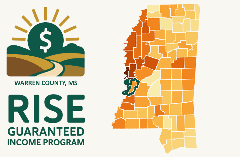 Logo for RISE Guaranteed Income, large green letters, alongside an abstract stylized green sun with a dollar sign above an abstract rural landscape with a road headed toward the sun