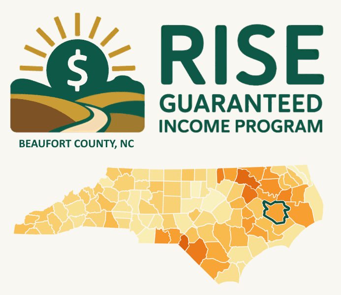 Logo for RISE Guaranteed Income, large green letters, alongside an abstract stylized green sun with a dollar sign above an abstract rural landscape with a road headed toward the sun