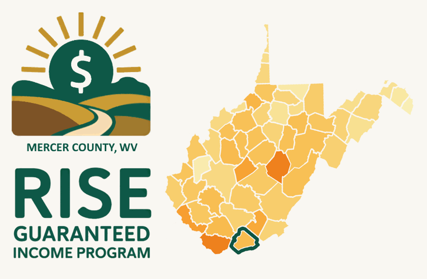 Logo for RISE Guaranteed Income, large green letters, alongside an abstract stylized green sun with a dollar sign above an abstract rural landscape with a road headed toward the sun