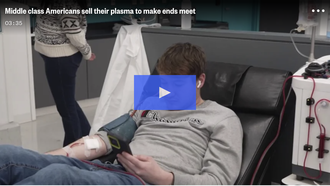 A photo of a man in a plasma donation center, with an IV attached to his arm. Over 200,000 Americans sell their plasma every day to earn extra cash.