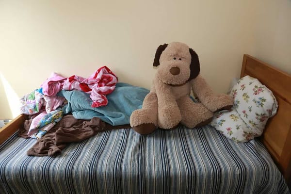 A photo of a bed, with clothes and a stuff dog on it. Ninety-four percent of homeless youth in a recent study found housing after being given a guaranteed income for two years.