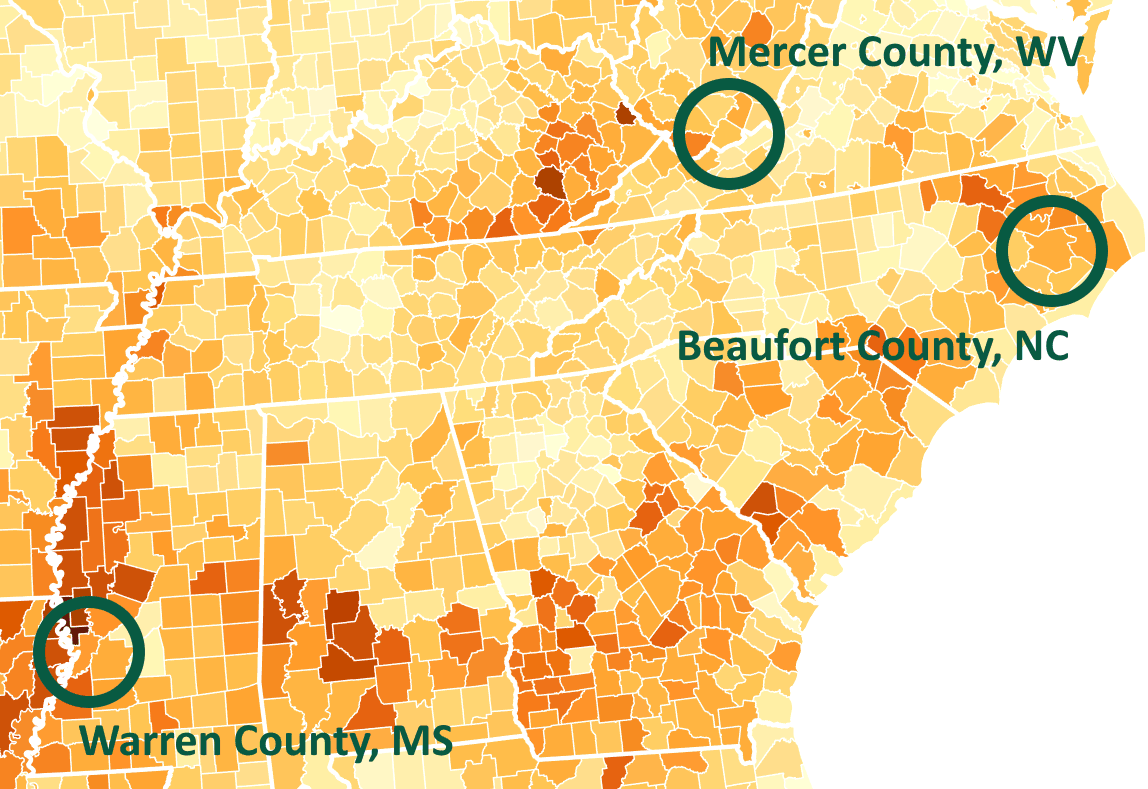 Zoomed in map of USA with Mercer County, WV and Beaufort County, NC and Warren County, MS highlighted -- the locations of the first three RGMII programs